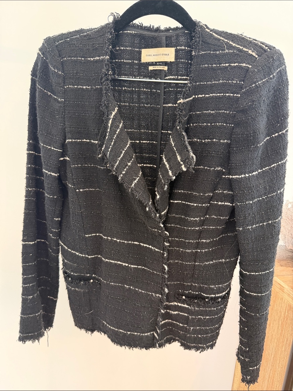 Isabel Marant Black Tweed Striped Frayed-Edge Cardigan Jacket